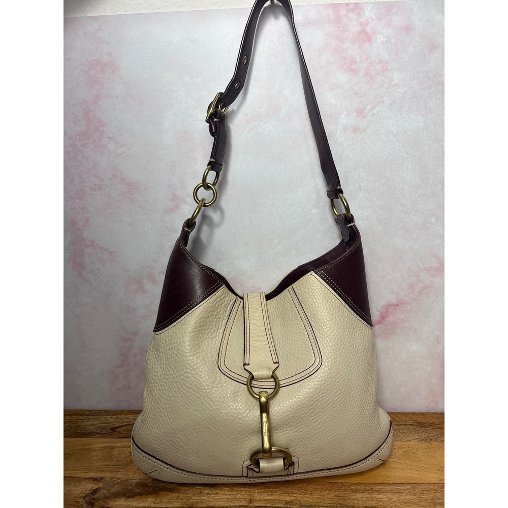 Coach Hamptons Clip Hobo Bag Bone/Cream & Burgundy Leather 10210